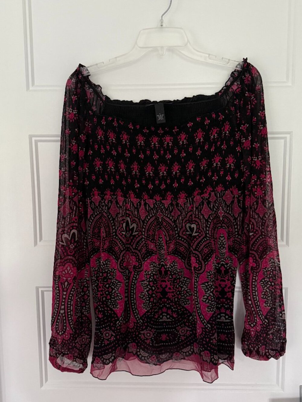 INC - Black & Pink Paisley Semi-Sheer Blouse - L